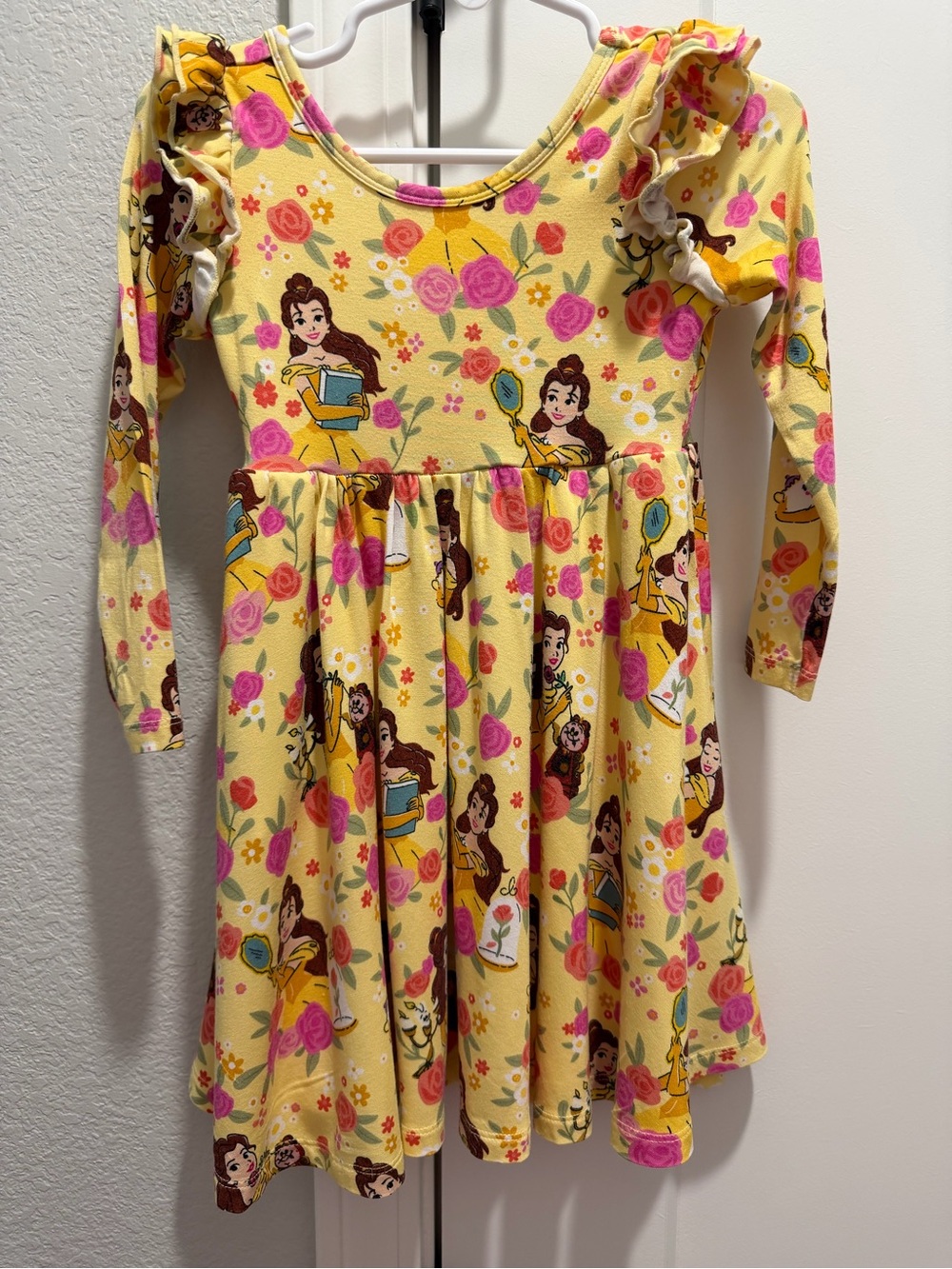 Little Sleepies Disney Princess Belle Yellow Hot Pink Floral Ruffle Dress 3T